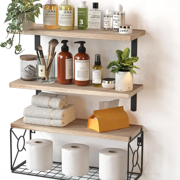 Natural WoodFloating Shelves with Storage Basket,