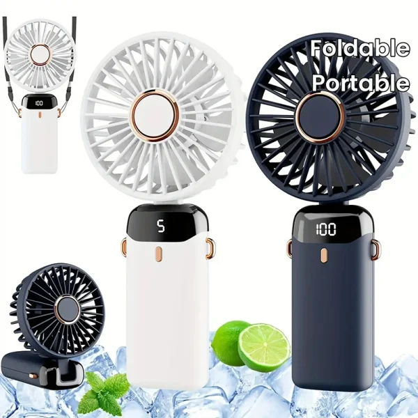 5 Speed USB Rechargeable Foldable Neck Hanging Fan with Phone Stand and Display Screen 1800 mAh